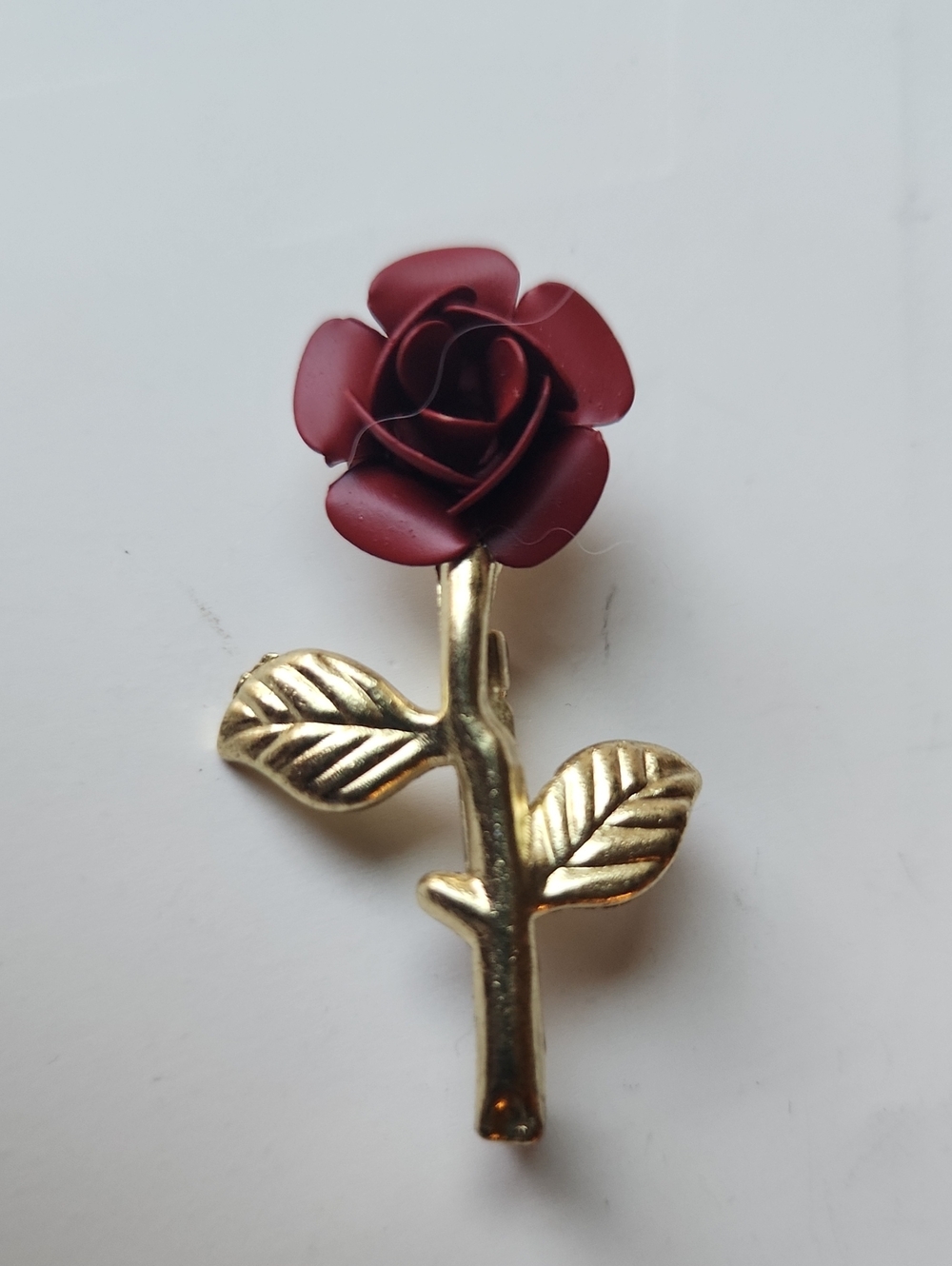 Gold Stem Burgundy Rose Brooch - Women Jewelry